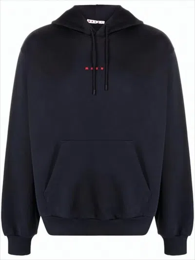 MARNI RELAXED FIT BLACK COTTON HOODIE WITH EMBROIDERED LOGO