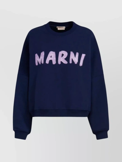 Marni Relaxed Fit Crewneck Sweater With Ribbed Trims In Blue