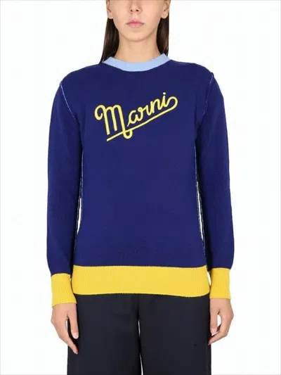 Marni Relaxed Fit Knit Sweater With Contrasting Ribbed Details In Blue