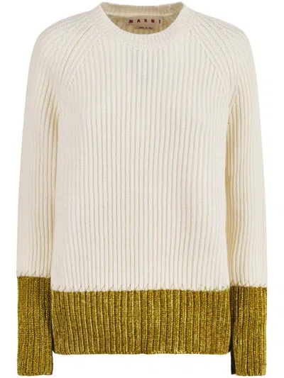 Marni Relaxed Fit Roundneck Knit Sweater With Ribbed Texture In Gold