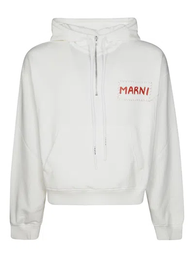 Marni Relaxed-fit White Hoodie With Embroidered Logo Patch In Red