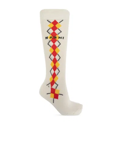 Marni Intarsia-knit Logo Socks In Beige