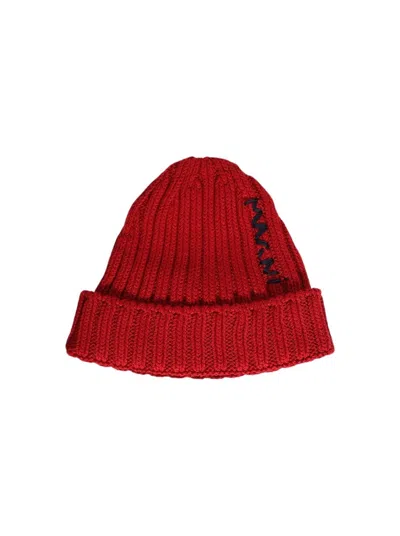 Marni Ribbed Beanie Hat With Folded Cuff In Red