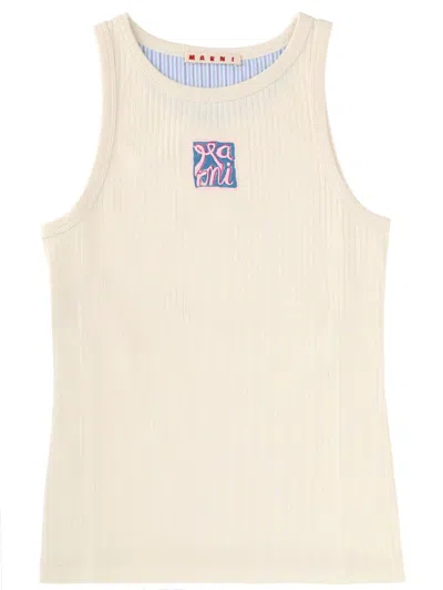 Marni Ribbed Cotton Tank Top With Frame Logo In Neutral
