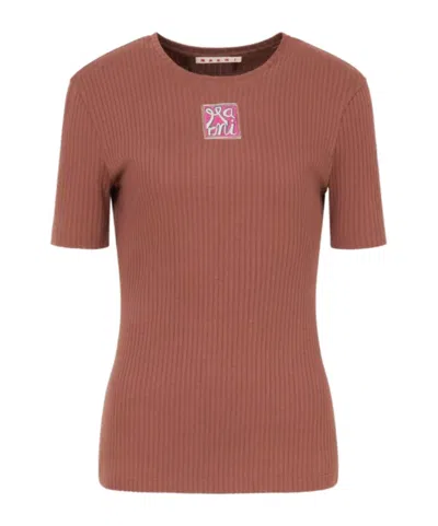 Marni Ribbed Embroidered Logo T-shirt In Brown