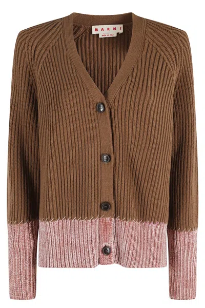 Marni Ribbed Knit Cardigan With Contrasting Pink Inserts In Brown