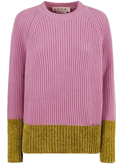 Marni Ribbed Knit Roundneck Sweater With Two-tone Design In Pink