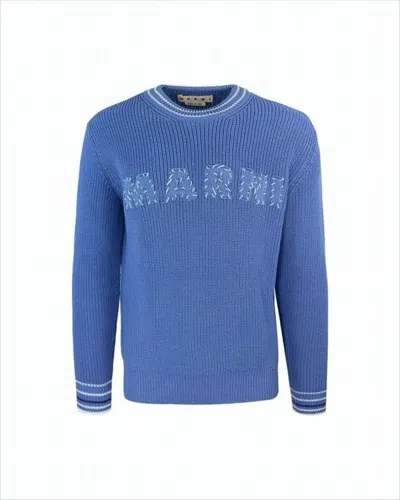 Marni Ribbed Knit Sweater With Contrasting Striped Details In Blue