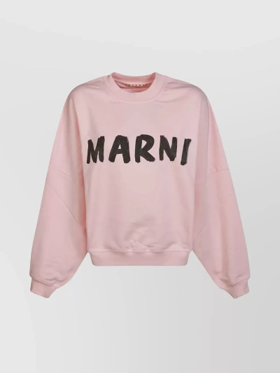 Marni Ribbed Logo Knit Crewneck With Dropped Shoulders In Pink