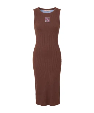 Marni Ribbed Logo-patch Midi Dress In Brown