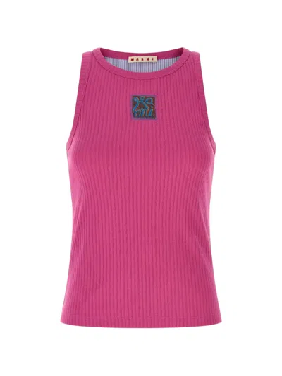 Marni Fuchsia Ribbed Cotton Logo Tank Top In Pink