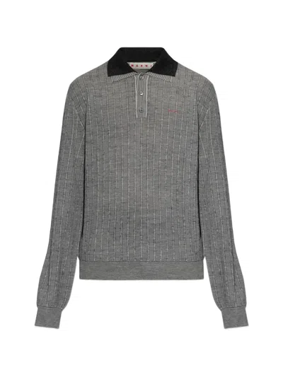 Marni Ribbed Long-sleeve Polo Shirt In Gray