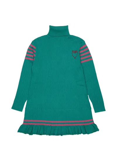 Marni Kids' Ribbed Ruffled Dress In Green
