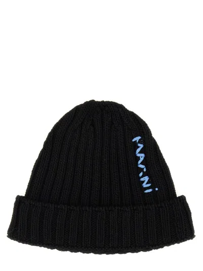 Marni Ribbed Texture Beanie Hat In Black