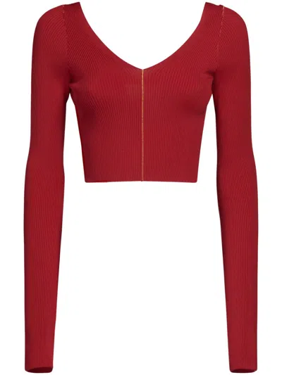 Marni Ribbed V-neck Sweater In Red