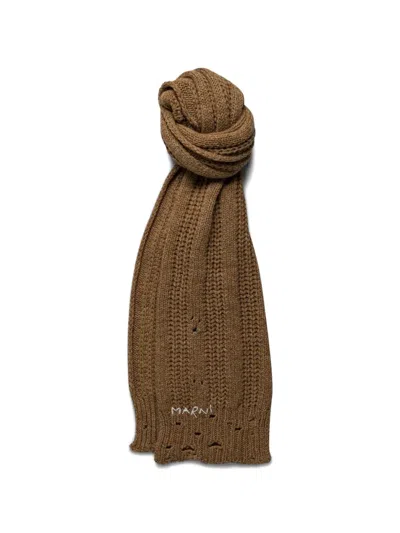 Marni Ribbed-knit Distressed Scarf In Brown