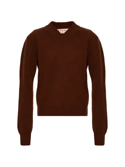 Marni Ribbed-knit V-neck Sweater In Brown