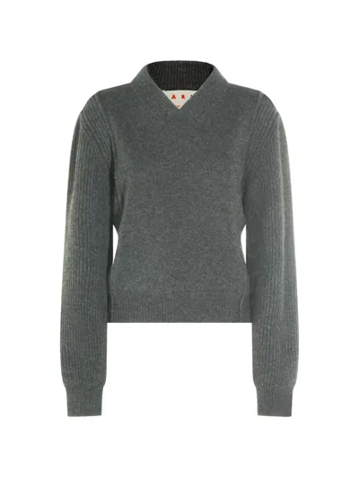 Marni Ribbed-knit V-neck Sweater In Gray