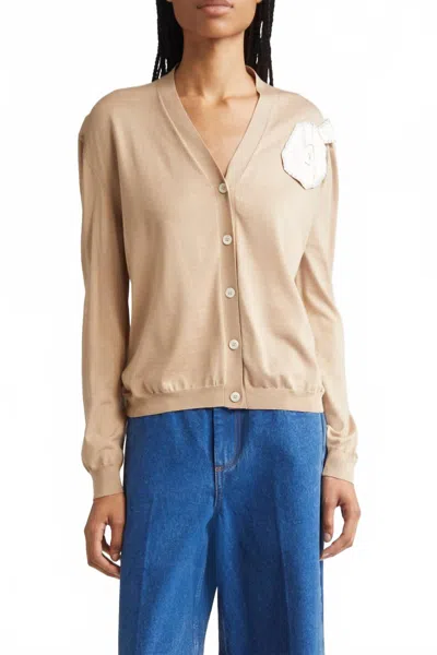 Marni Rose Applique Linen Wool Silk Cardigan In Moccasin In Nude