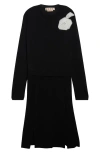 Marni Rose Appliqué Long Sleeve Virgin Wool & Silk Sweater Dress In Black