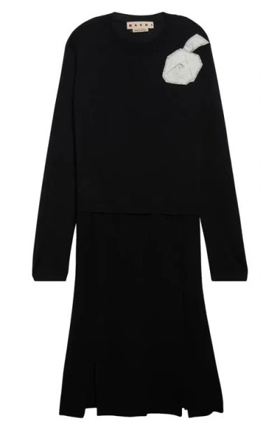 Marni Rose Appliqué Long Sleeve Virgin Wool & Silk Sweater Dress