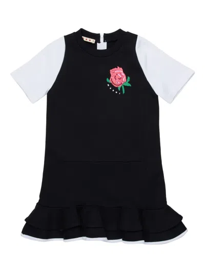 Marni Kids' Rose-detail Ruffled Dress In Black
