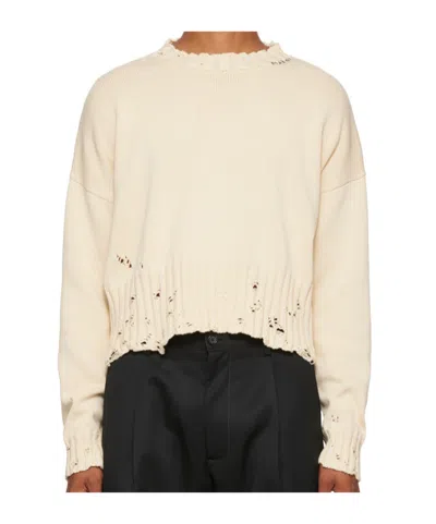 Marni Distressed Cotton Confetti Jacquard Crewneck Sweater In 00w01 Lily White