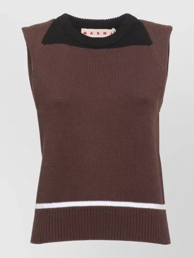 Marni Round Neck Knit Top Ribbed Trims In Brown