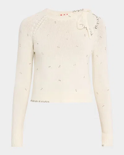 Marni Beaded Tie Crewneck Cashmere Sweater In Ivory