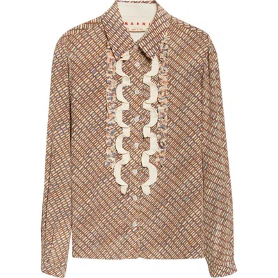 Marni Ruffle Appliqué Silk Crêpe De Chine Button-up Shirt In Neutral