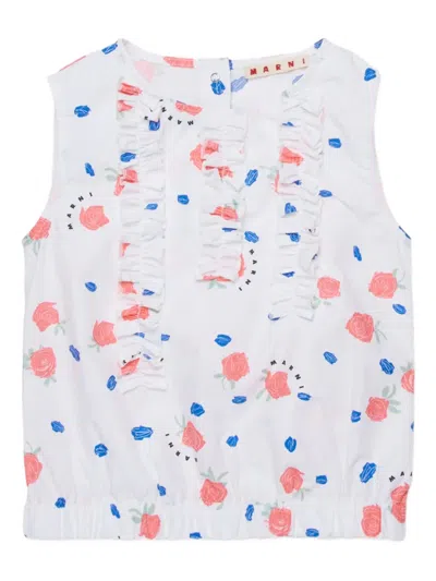 Marni Kids' Ruffled-detail Floral-print Top In White