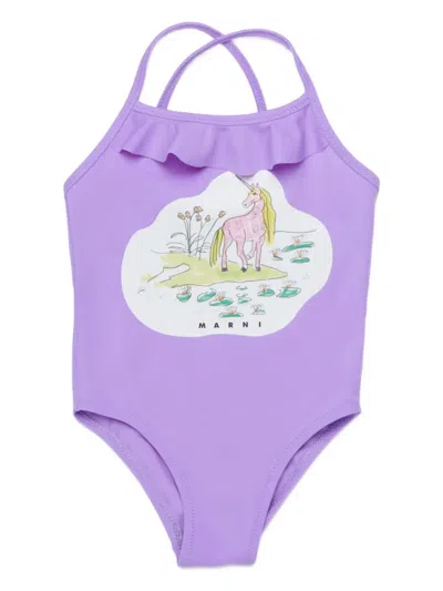 Marni Babies' Ruffled Graphic Swimsuit In Purple