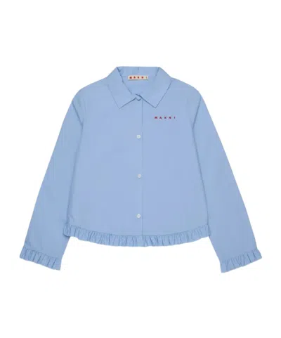 Marni Kids' Ruffled Logo-embroidered Shirt In Blue