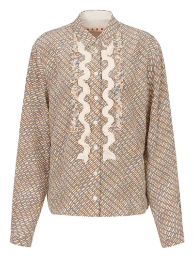 Marni Ruffled Printed Shirt In Neutral