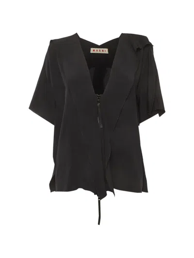 Pre-owned Marni Ruffled Zip-front Blouse In Black