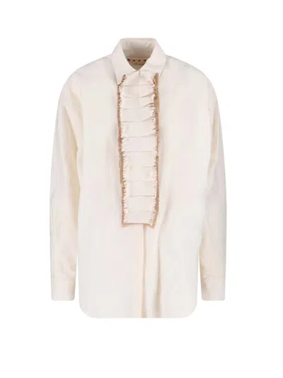 Marni Ruffle-front Long Sleeve Button-up Shirt In White