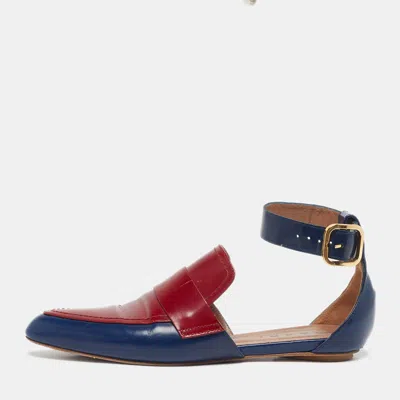 Pre-owned Marni Sabot Size 38.5 Navy Blue/burgundy Leather Ankle Strap Flats