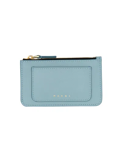 Marni Saffiano Leather Card Case With Central Zipper In Blue