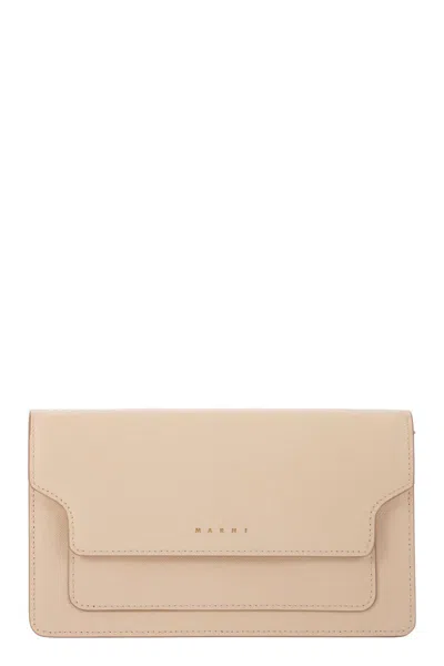 Marni Saffiano Leather Wallet With Detachable Shoulder Strap In Cream