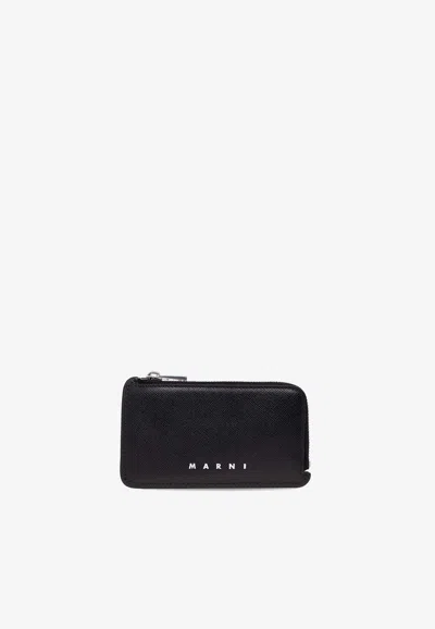 Marni Saffiano Leather Zip-around Cardholder In Black