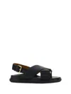 Marni Crisscross Black Leather Sandals With Gold-tone Buckle In Black
