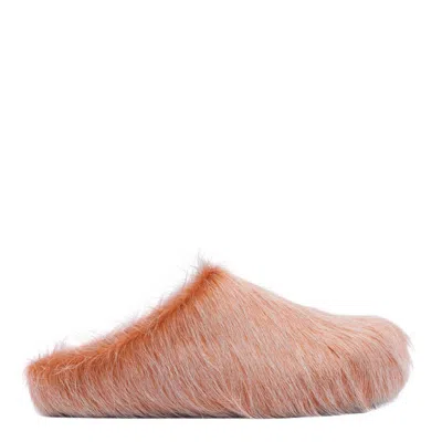 Marni Open Toe Leather And Fur Flat Mules In Pink
