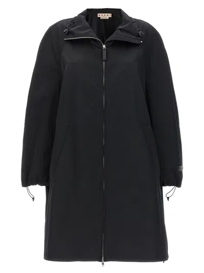 Marni Satin Parka High Collar Drawstring Hem In Black