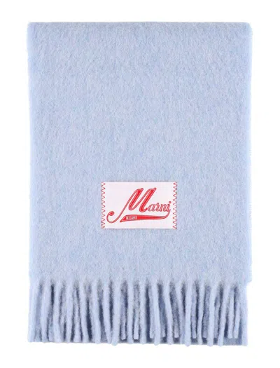 Marni Blue Brushed Alpaca Logo Scarf In 00b50 Iris Blue Mela