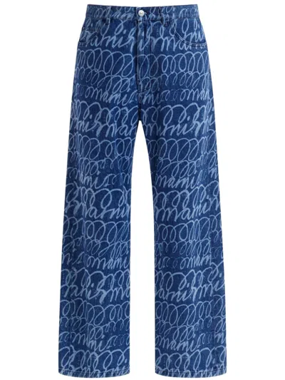 Marni Scribble Motif Wide-leg Trousers In Blue