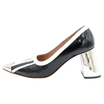 Pre-owned Marni Sculptural Black And White Stripe Patent Leather Pump, Chrome Block Heel
