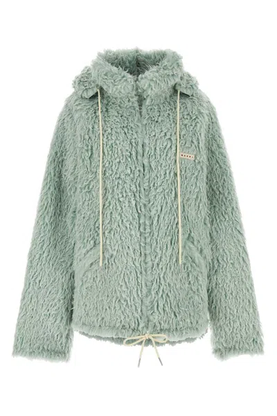Marni Long Pile Shaggy Faux Fur Hooded Jacket Blue In Green