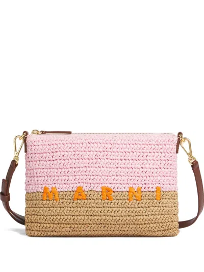 Marni Pink And Brown Paper Raffia Seaside Pouch In Multi
