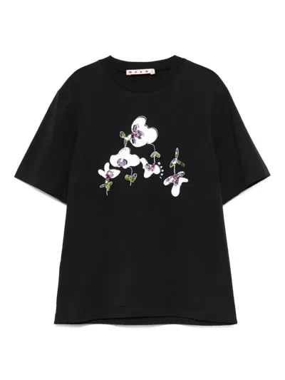 Marni Kids' Sequin-flower T-shirt In Black