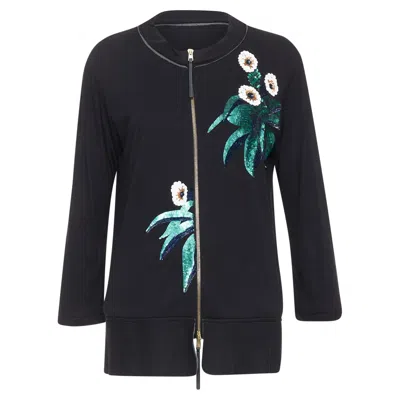 Marni Sequins Flower Leather Zip Jersey Jacket In Black